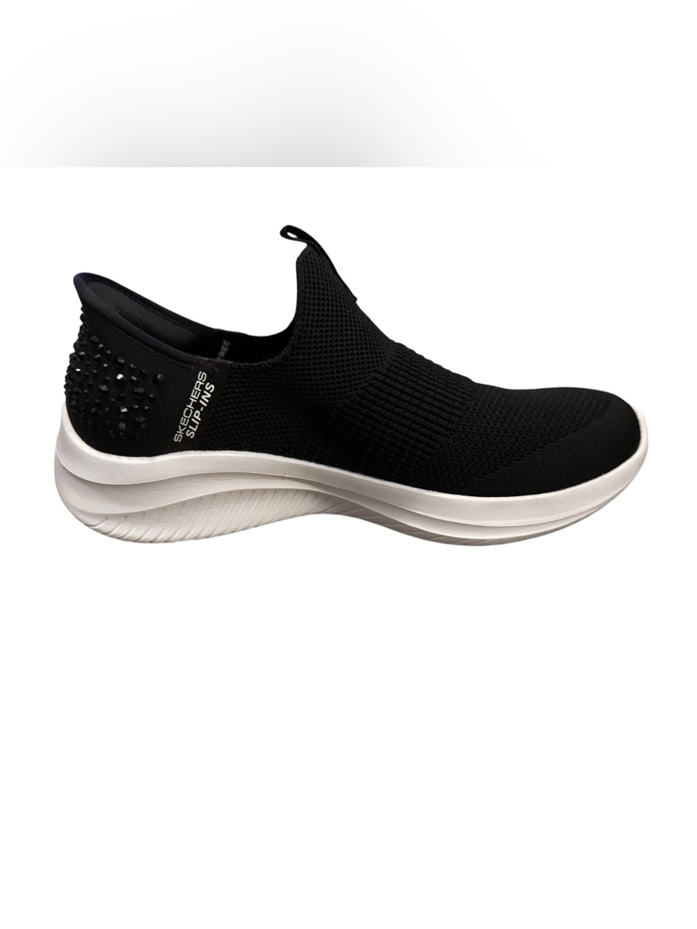 Skechers Black Knit Slip-On Sparking Stones Sneaker with White Sole Women’s 6.5